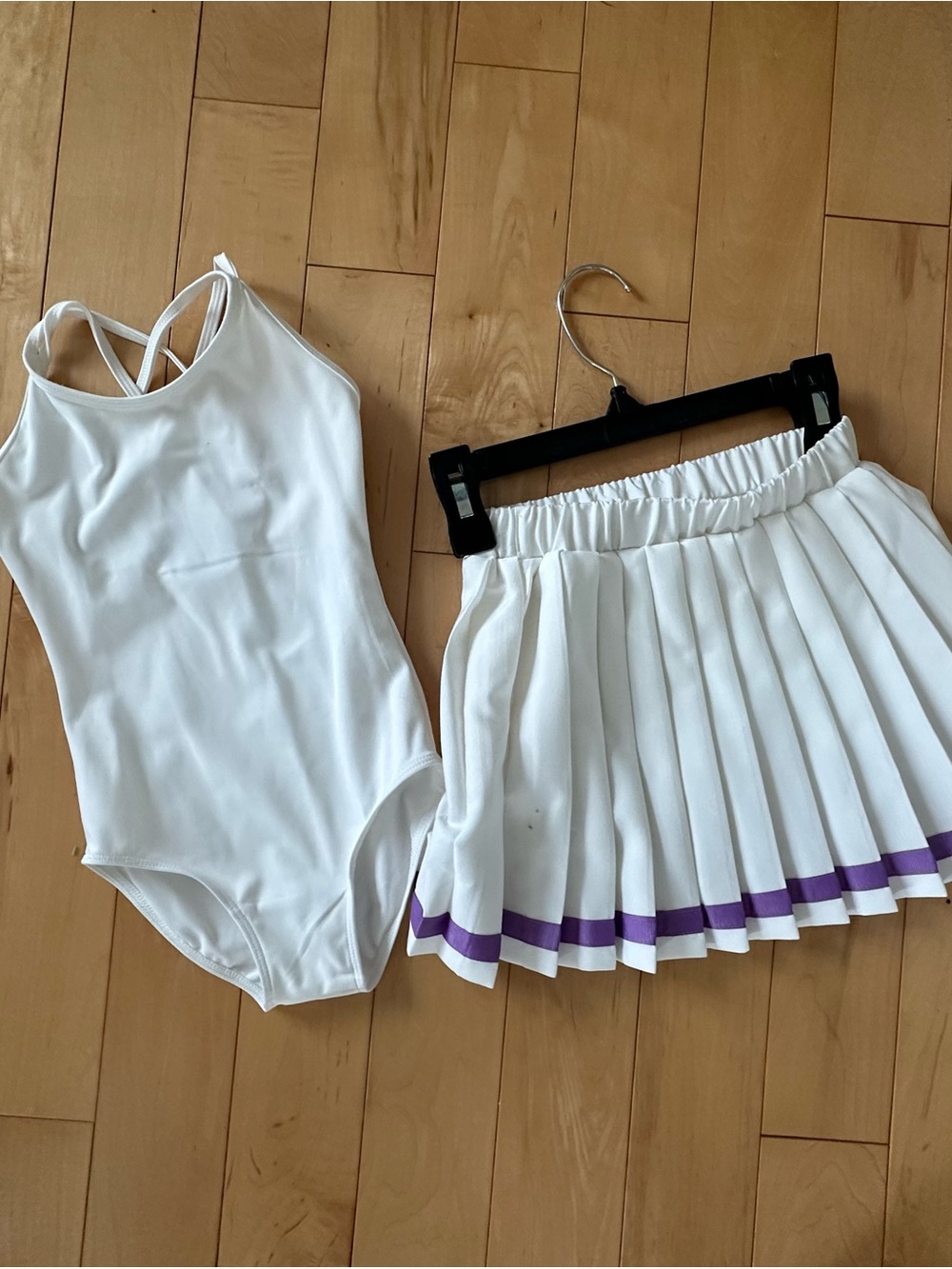 White Dance Leotard and Pleated Skirt Costume with Purple Trim